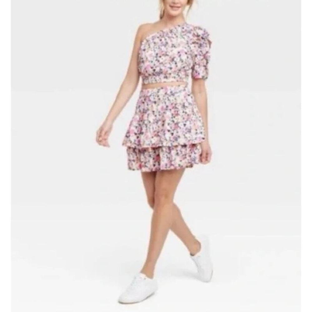 Floral One-Shoulder Ruffle Skirt Set